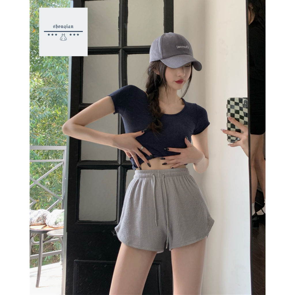 จัดส่งภายในประเทศไทย กางเกงลำลองขาสั้น เอวสูง มีเชือกผูก K19