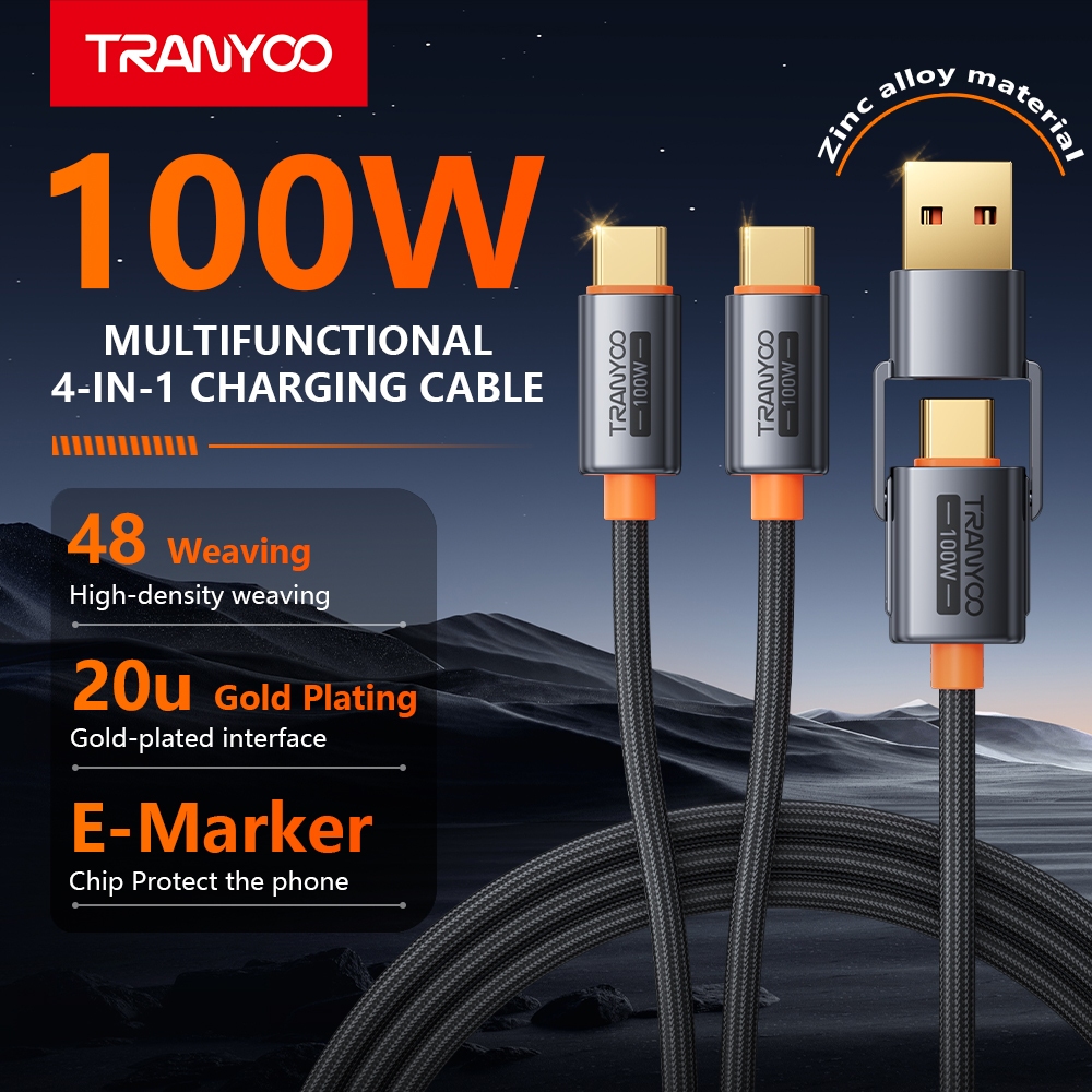 TRANYOO XS11 สายชาร์จอเนกประสงค์ 4-in-1 เอาต์พุต Type-C คู่ 100W วัสดุโลหะผสมสังกะสี ชิป E-Marker