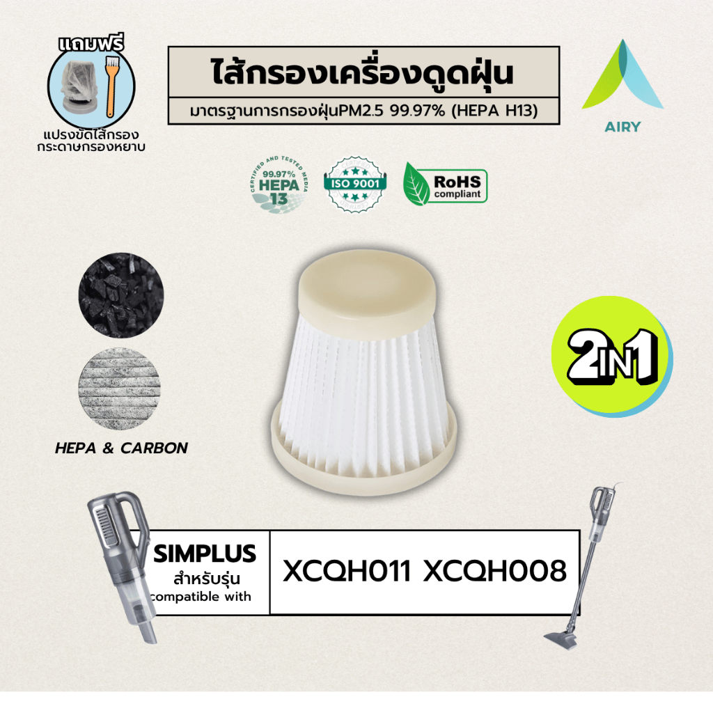 (HEPA H13 เกรดการแพทย์) ไส้กรอง เครื่องดูดฝุ่น Simplus  XCQH011 XCQH008  ซิมพลัส PM2.5 ฝุ่น เส้นผม
