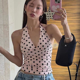 Rita พร้อมส่ง🍒ลายโพกาดอท เสื้อคล้องคอ เสื้อครอป และเปิดหลัง คอวีลึก ผูกคอ ดูแพง เซ็กซี่แฟชั่นผู้หญิง ทรงเข้ารูป จับจีบ