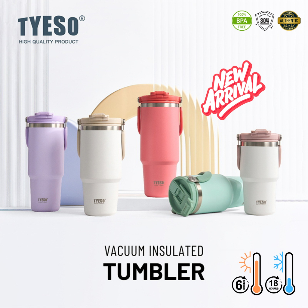 TYESO รุ่นใหม่ แก้วน้ำรุ่นหูหิ้ว 2 หัวดื่ม เก็บร้อน & เย็น 600ml-1200ml SUS304  9 สี พกพาง่าย ไม่รั่วซึม