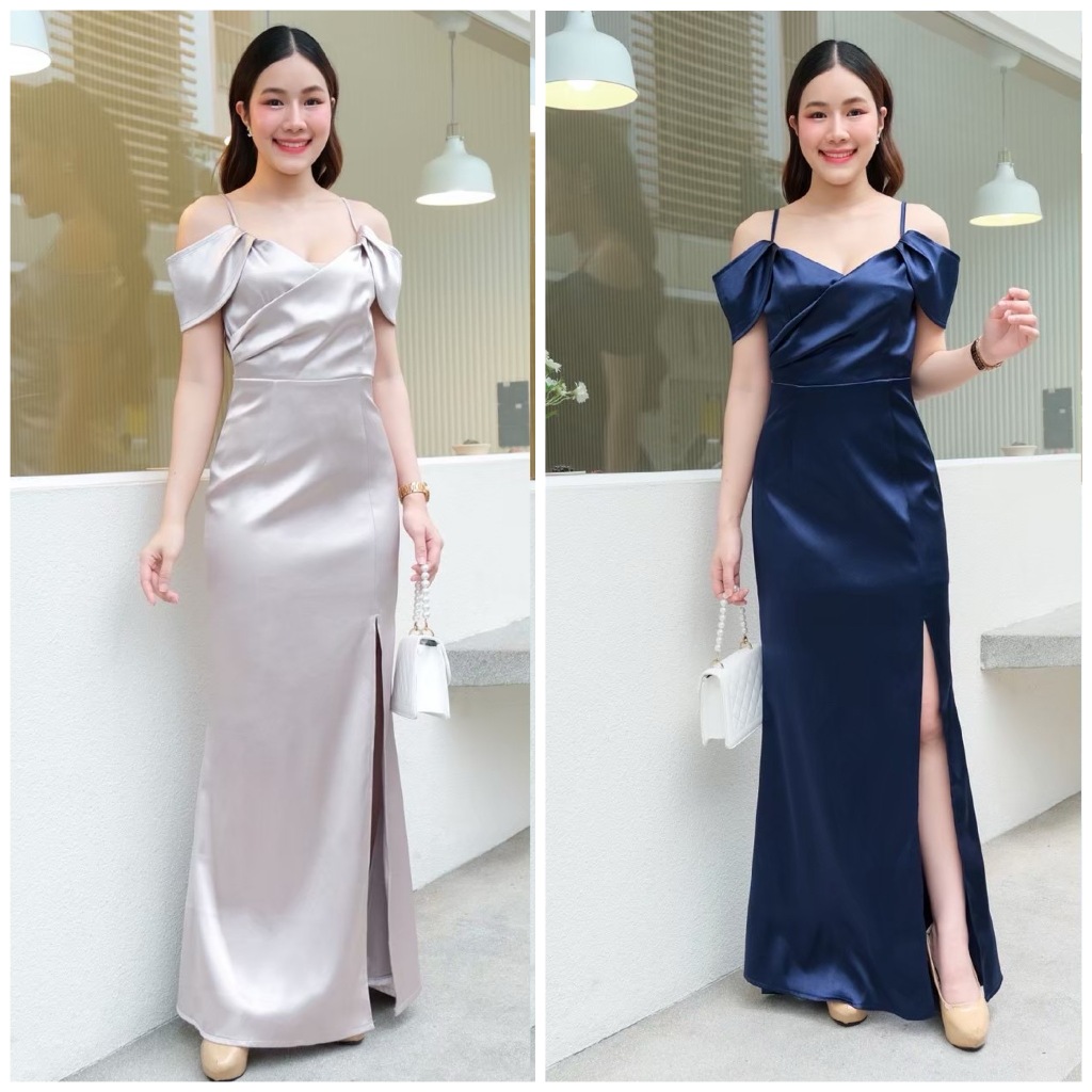 FN9360  Dressยาวสายเดี่ยว ทรงอกไขว้พรางแขน เนื้อผ้าduchess อัดกาว ชุดไปงานแต่ง ชุดออกงาน เดรสเพื่อนเจ้าสาว [LUXURY707]