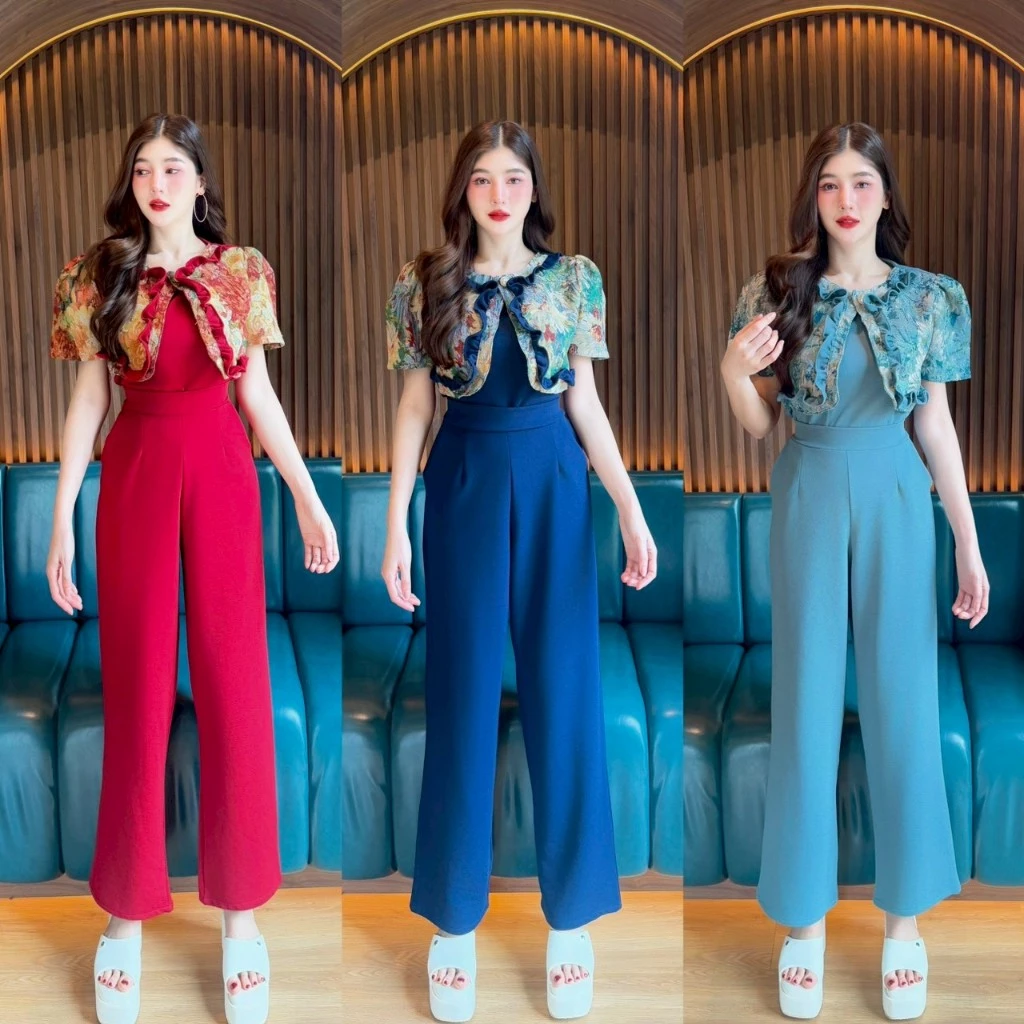 สินค้าพร้อมส่ง Set 2 ชิ้น เสื้อผ้าวูลเวฟแต่งเสื้อคลุมผ้าทอกระดุมหน้า + กางเกงเอวเรียบสม๊อคหลังแต่งกระเป๋า