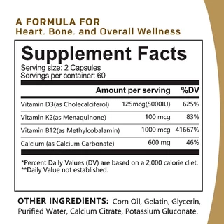 Wellness Calcium + Vitamin D3 K2 B12 Immune System Support Nerve & Muscle Function Strong Bones,Teeth,Joints