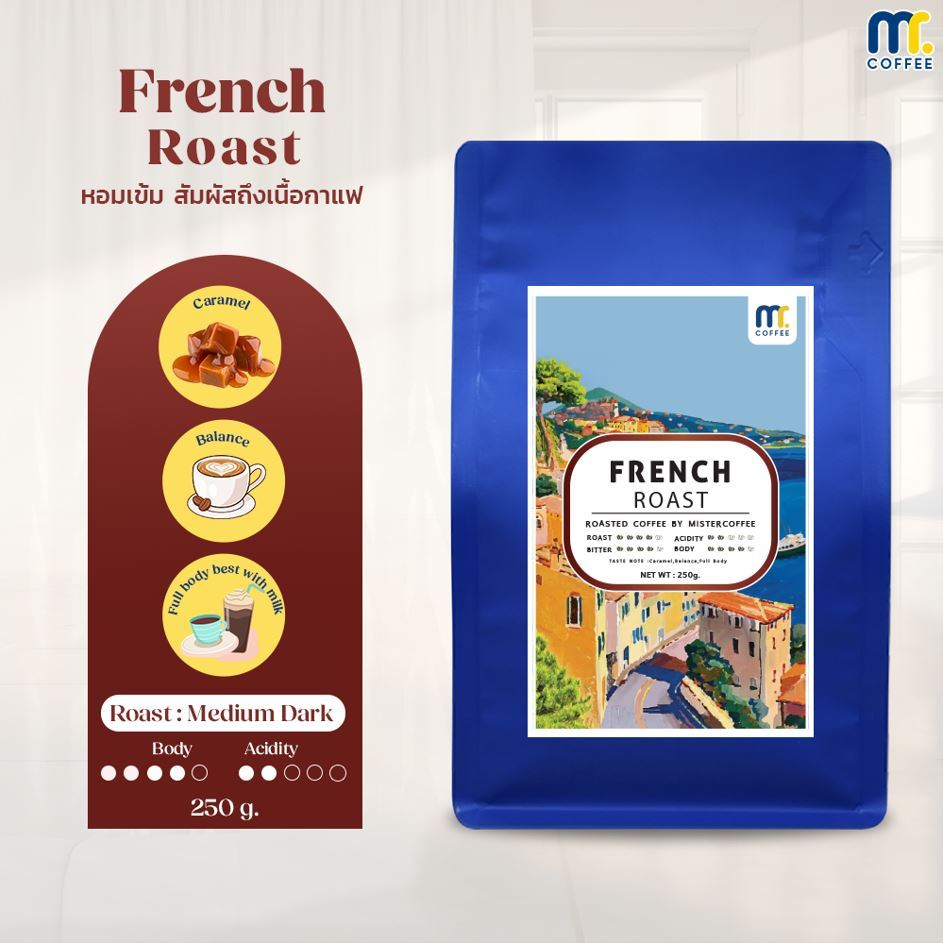 Mr.coffee เมล็ดกาแฟคั่ว สูตร French Roast เมล็ดอราบิก้า100% คั่วเข้ม กลิ่นคาราเมลอ่อนๆ ขนาด 250 กรัม