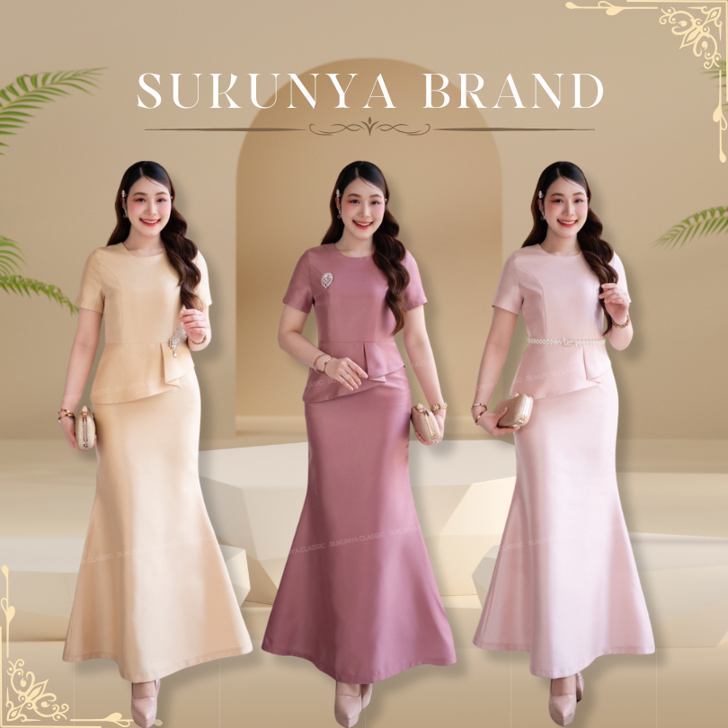 [6406] ชุดเดรสยาวงานผ้าไหมอัดกาวทรงหางปลา SUKUNYA สีทอง/กะปิ/พิ้งโกลด์ - Clothing, ผู้หญิง