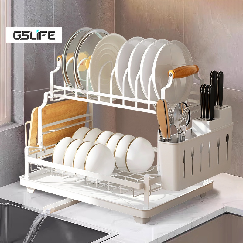GSlife ชั้นวางจาน 2ชั้น ที่คว่ำจานพร้อมที่แขวนแก้ว พร้อมถาดรองน้ำหยด สไตล์โมเดิร์น
