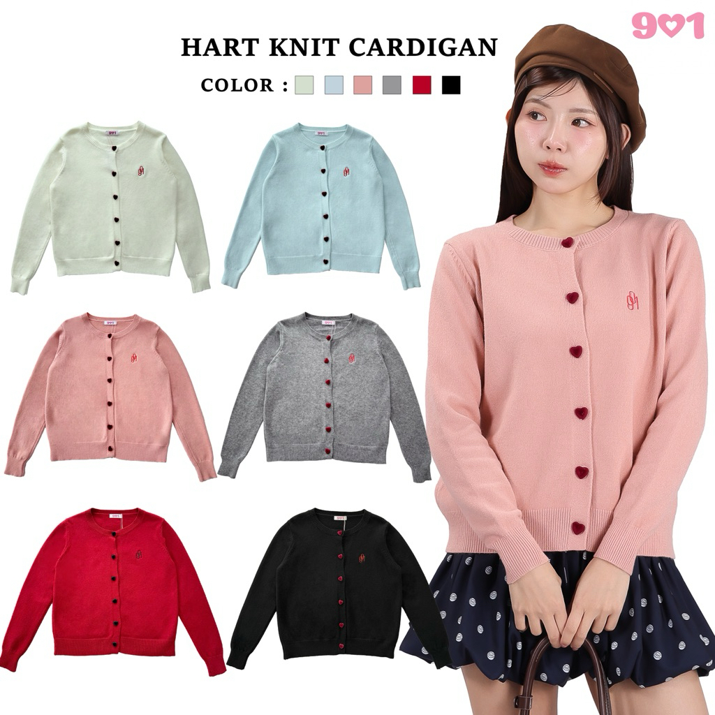 901 Car-01: hart knit cardigan คาร์ดิแกน ไหมพรม กระดุมหัวใจสีแดง คาดิแกน