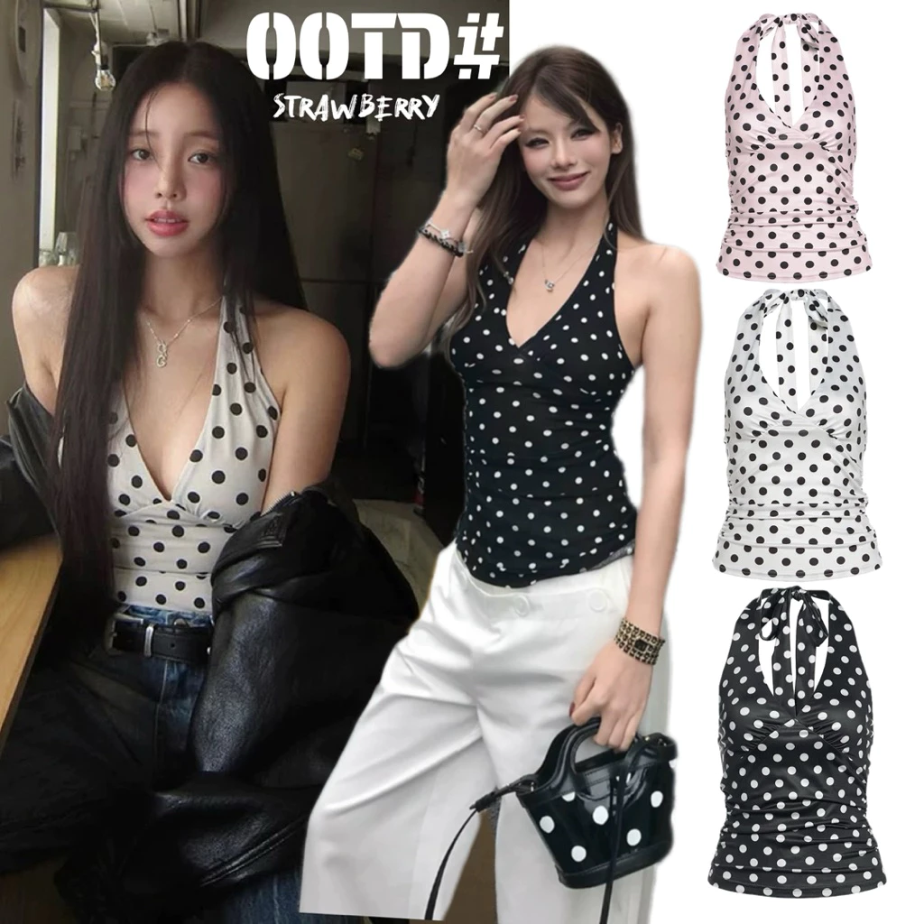 STR พร้อมส่ง🦄✨เสื้อคล้องคอลายจุด Polkadot คอวีลึก ปิดหลังทรางรัดรูปสไตล์ผูกโบว์ชุดไปเที่ยวเซ็กซี่แฟชั่นสำหรับผู้หญิง