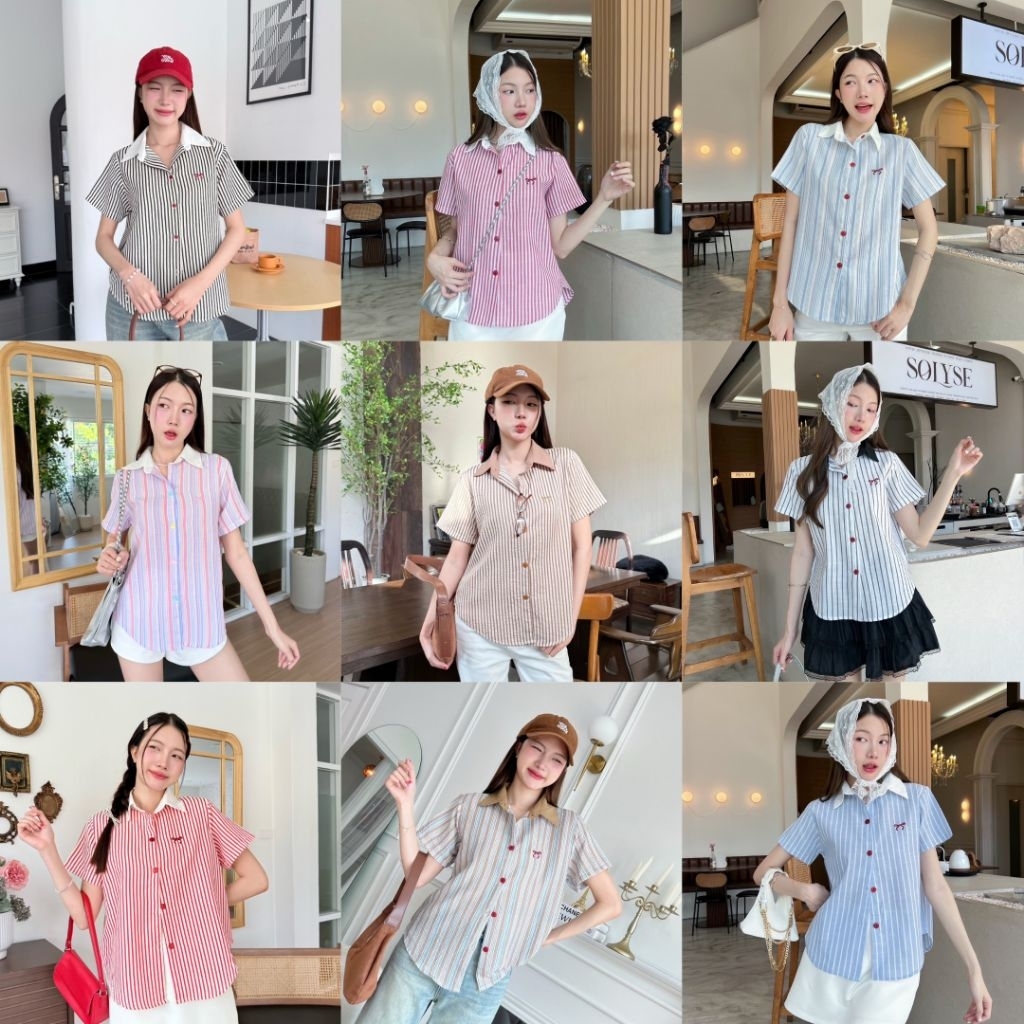 ป้าย prod เสื้อเชิ้ตคอปกแขนสั้นลายทางกระดุมหน้าแต่งคอปกตัดสีงานปักโบว์อก 38นิ้ว
