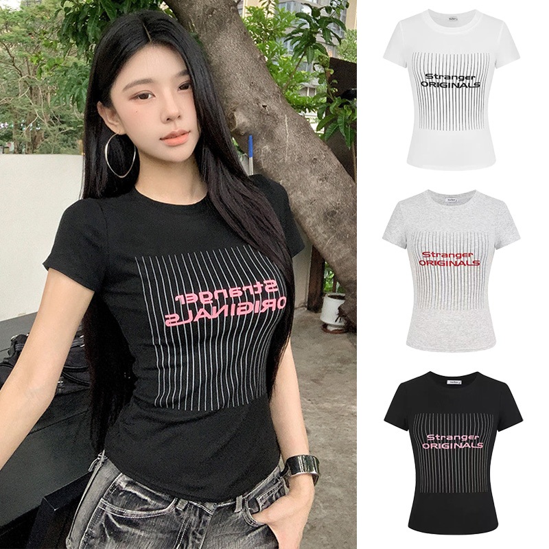 ✨ส่งจากไทย✨เสื้อยืดแขนสั้นพิมพ์ลายสำหรับผู้หญิง - เสื้อคอกลมทรงเข้ารูปพิมพ์ลายการ์ตูนน่ารัก เนื้อผ้ายืดหยุ่น