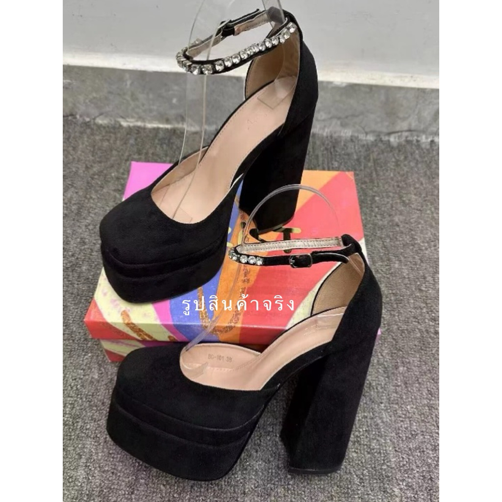 รองเท้าส้นสูงส้นหนา ความสูง 14 ซม. สไตล์ Y2K แพลตฟอร์มหน้าสูง สายรัดข้อเท้าประดับคริสตัล หัวมนสวยหรู  พร้อมส่งจากไทย S17 - รูปที่ 7