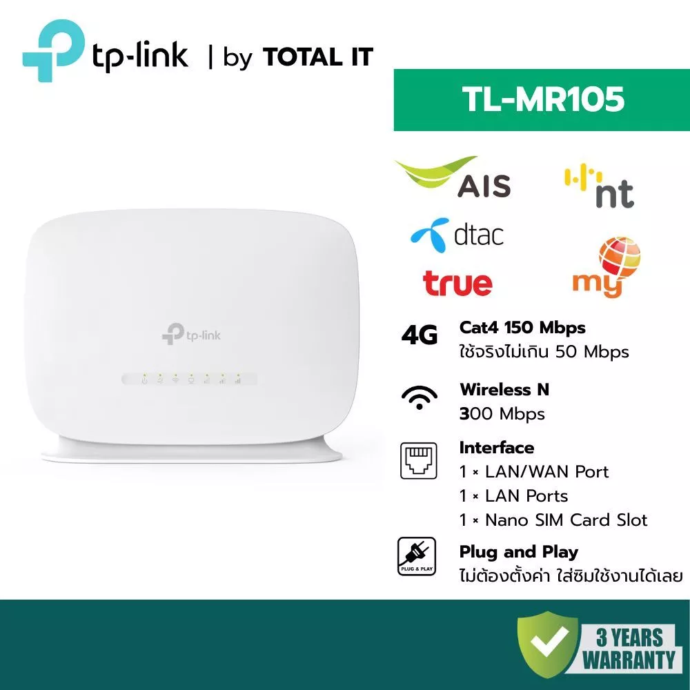 TP-Link TL-MR105 4G Router เราเตอร์ใส่ซิม ปล่อย WiFi ไม่ต้องตั้งค่า มีเน็ตสำรอง ประกัน 3 ปี