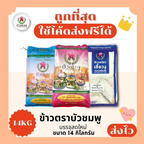 (ส่งฟรี+โค้ดไลฟ์40%)รวมข้าวตราบัวชมพูแท้100% ส่งไว🏎️รุ่นใหม่14กิโลกรัม(Kg)จากโรงสีเกรดพรีเมียม(มีไลฟ์ลด50%)(ถัง14Kg)