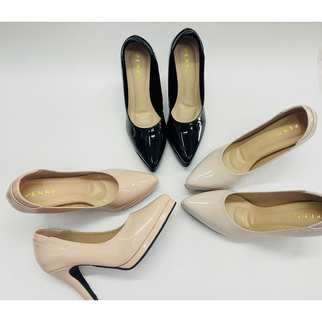 (88084-2) รองเท้าคัทชูแฟชั่น หัวแหลม หนังแก้ว เสริมพื้นหน้า สูง 3.5 นิ้ว เบอร์ 35-40