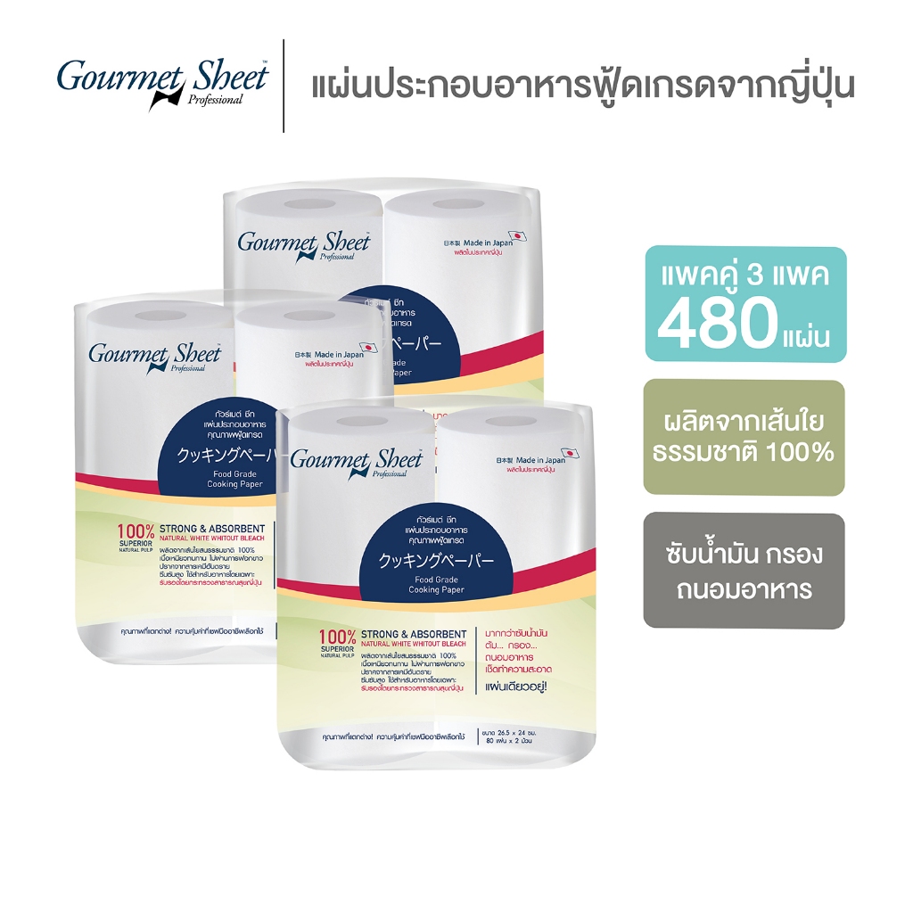กระดาษห่อทุเรียน 3 แพค (6 ม้วน 480 แผ่น) กัวร์เมต์ ชีท กระดาษซับน้ำมัน ฟู้ดเกรดจากญี่ปุ่น