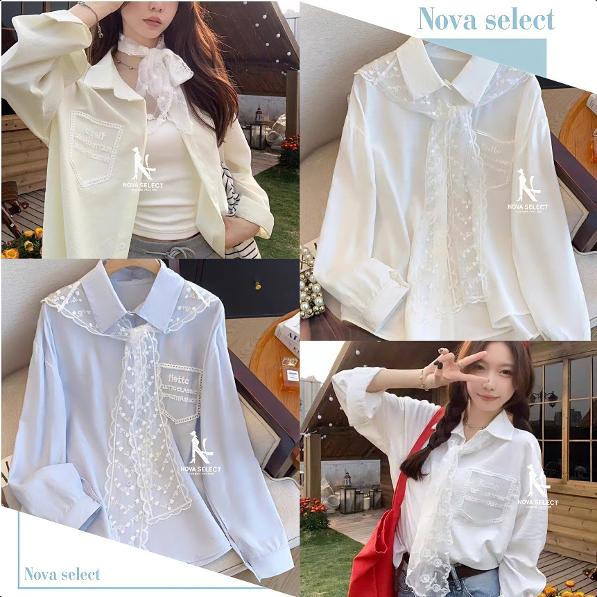 พร้อมส่ง เสื้อเชิ้ต แขนยาว สไตล์เกาหลี ผ้าคอตตอนบางๆ กระเป๋าหน้าดีไซน์แต่งปักตัวอักษร มีผ้าผูกคอลายลูกไม้
