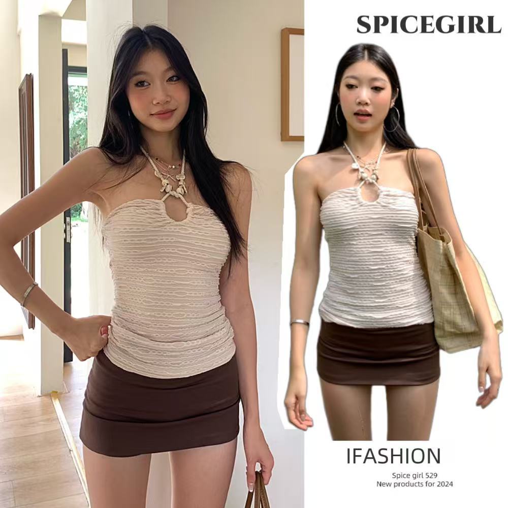 Spice girl  set 2 ชิ้น เสื้อสายเดี่ยว+กระโปรงสั้น ทรงเอ ดูผอมลง ผ้าฝ้าย100% แต่งตัวง่าย สำหรับผู้หญิง เข้ากับทุกชุด