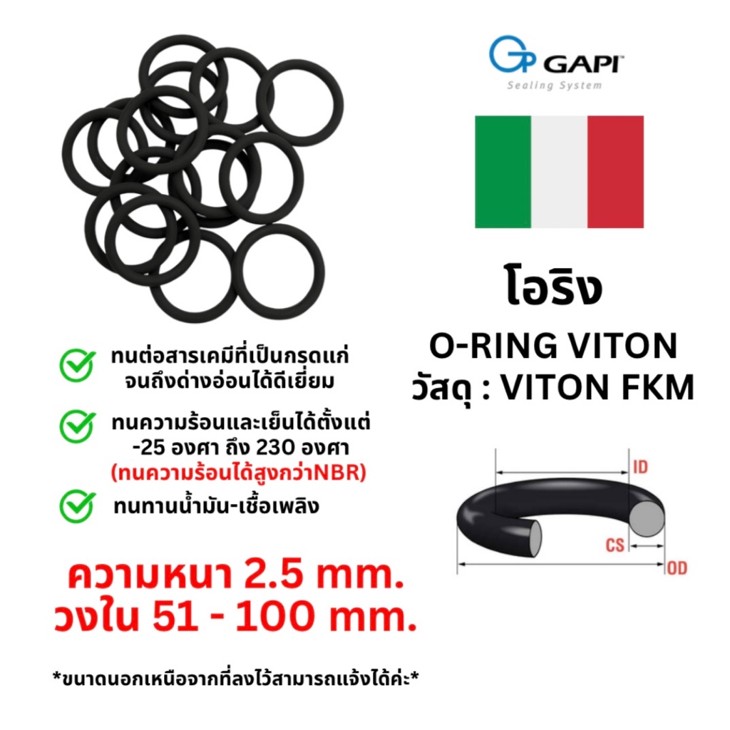 ￼โอริงไวตัน O-Ring Viton ทนความร้อน วงใน ID 51 - 100 mm ความหนา 2.5 มิล GAPI จากอิตาลี🇮🇹