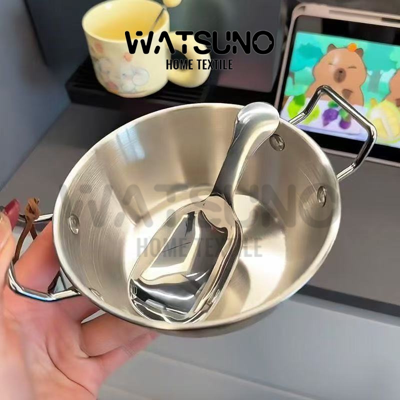 Watsuno.ชามอาหารเช้าเกาหลี หม้อสแตนเลสสำหรับใส่อาหารเย็น ชามสองหู หม้อมาม่า ชามใส่ของหวาน
