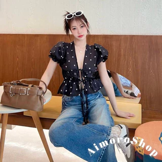 🔥aimorn_shop🔥เสื้อผูกหน้า มีเชือกผูกโบว์ปรับเอง ทรงแขนตุ๊กตา งานสวยแซ่บมาก ดีเทลลายจุดกำลังฮิตมาแรง