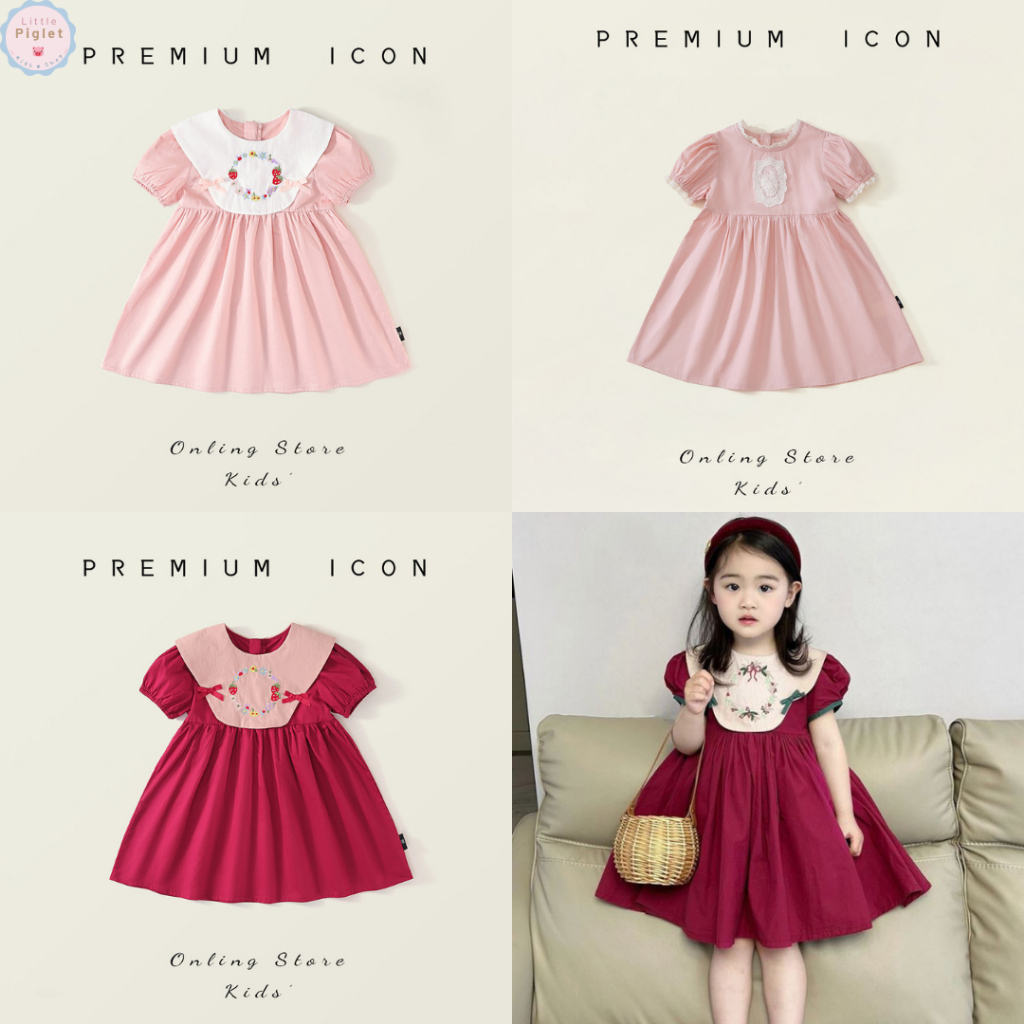 Little Piglet 🐷 พร้อมส่ง ชุดเดรส ชุดกระโปรง Dress สีแดง สีดำ แขนสั้น เด็กผู้หญิง น่ารัก ปักลาย โบว์