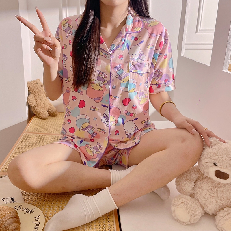 🔥 ล้างสต็อก! ชุดนอนญี่ปุ่น แขนสั้น-ขาสั้น ผ้าไหมบางเบา นิ่ม ใส่สบาย ลายการ์ตูน