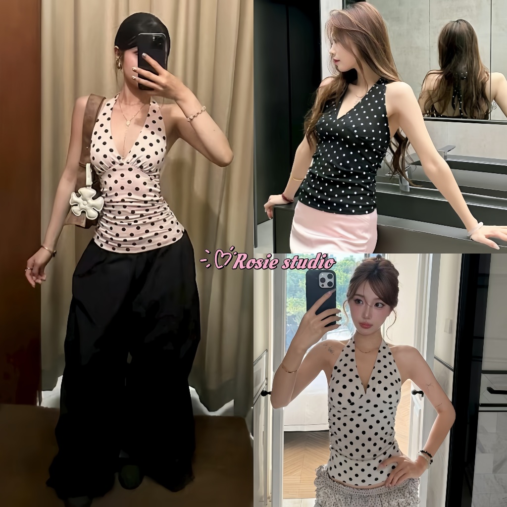 ROSIE พร้อมส่ง🦄✨X Polkadot คอวีลึก ปิดหลัง ทรางรัดรูปเสื้อคล้องคอลา สไตล์ผูกโบว์ ชุดไปเที่ยวเซ็กซี่แฟชั่น สำหรับผู้หญิง