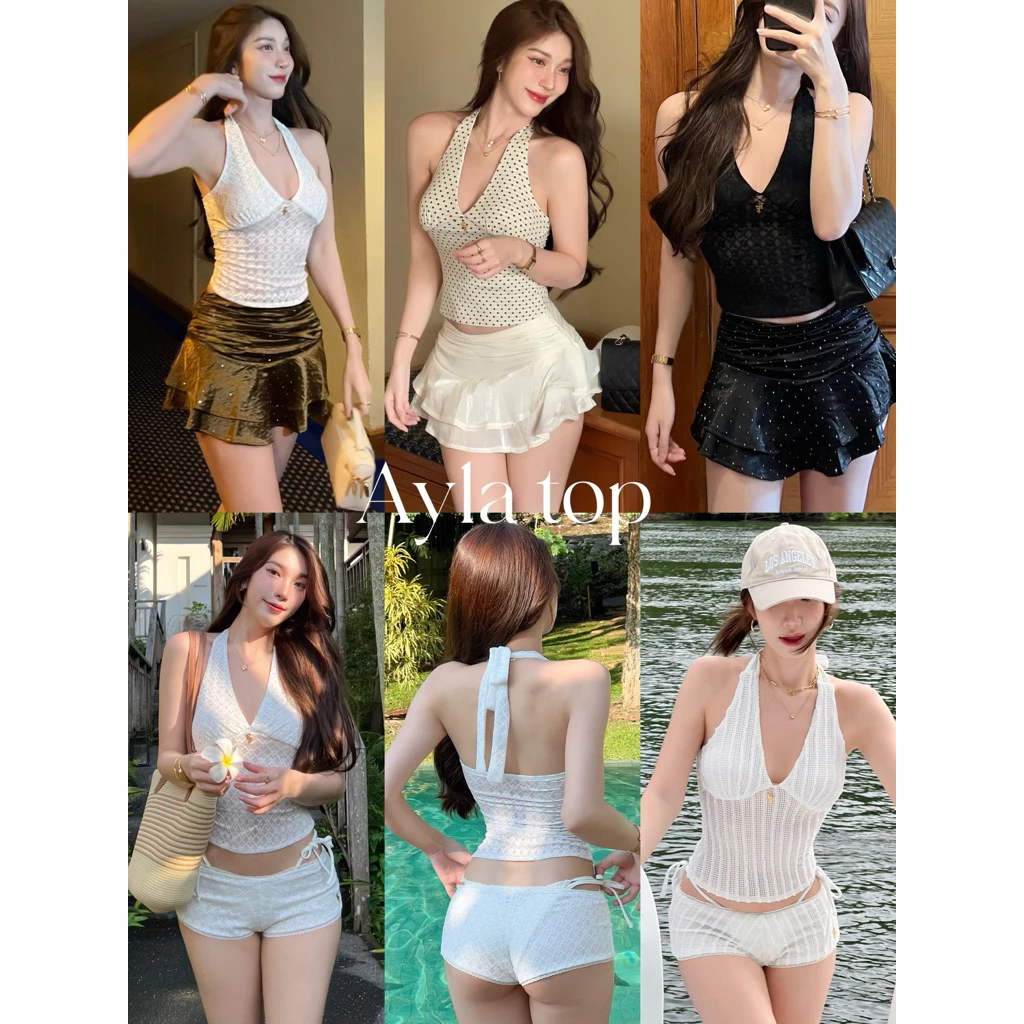 Ayla top 790.- เสื้อผูกคอ ทรงเข้ารูป ดีไซน์สวย ผ้านุ่มใส่สบาย แต่งลายลูกไม้อย่างดี มีซับในช่วงอก