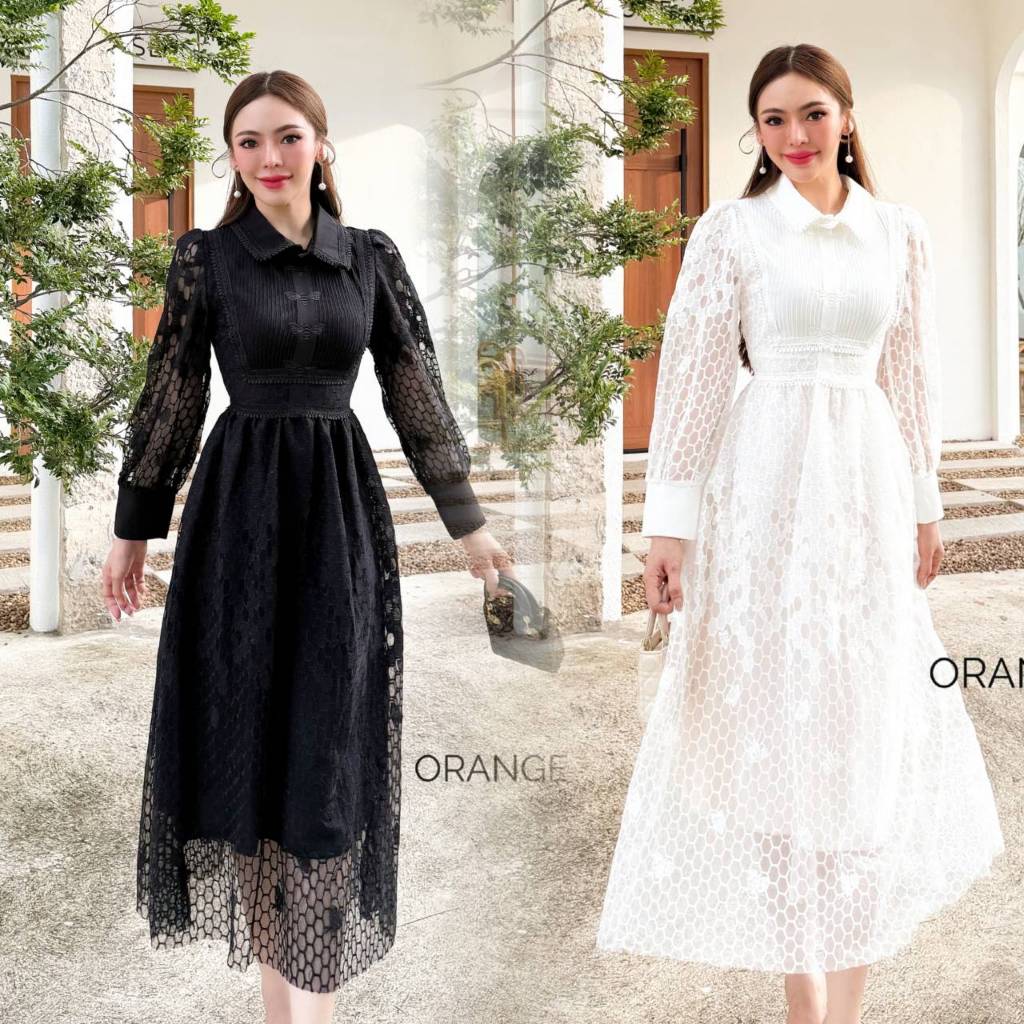OR9009 เดรสลูกไม้เนื้อนิ่มทอลายรังผึ้ง ทรงคอปกแขนยาว ใส่ออกงาน ใส่ทำบุญได้