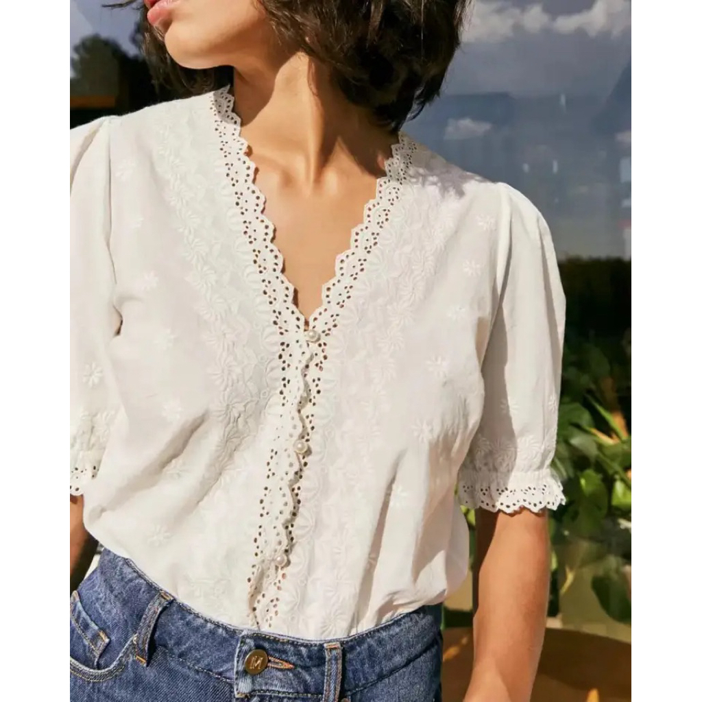 แขนสั้นแต่งคอลูกไม้ สีขาวสะอาด W18