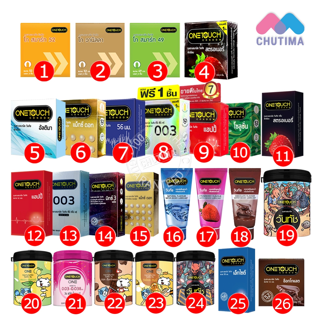 ถุงยางอนามัย เจลหล่อลื่น วันทัช รุ่นบาง ขนาด 49-56มม Onetouch Limited (ไม่ระบุชื่อสินค้าหน้ากล่อง)