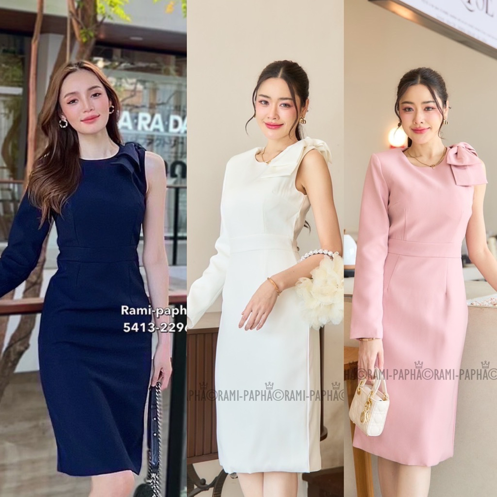 พร้อมส่ง  เติม XS-XL⚡️RM 5413 Dress เดรสออกงานแต่งโบว์ไหล่ สีขาว/สีชมพู/สีกรม สวยหรู