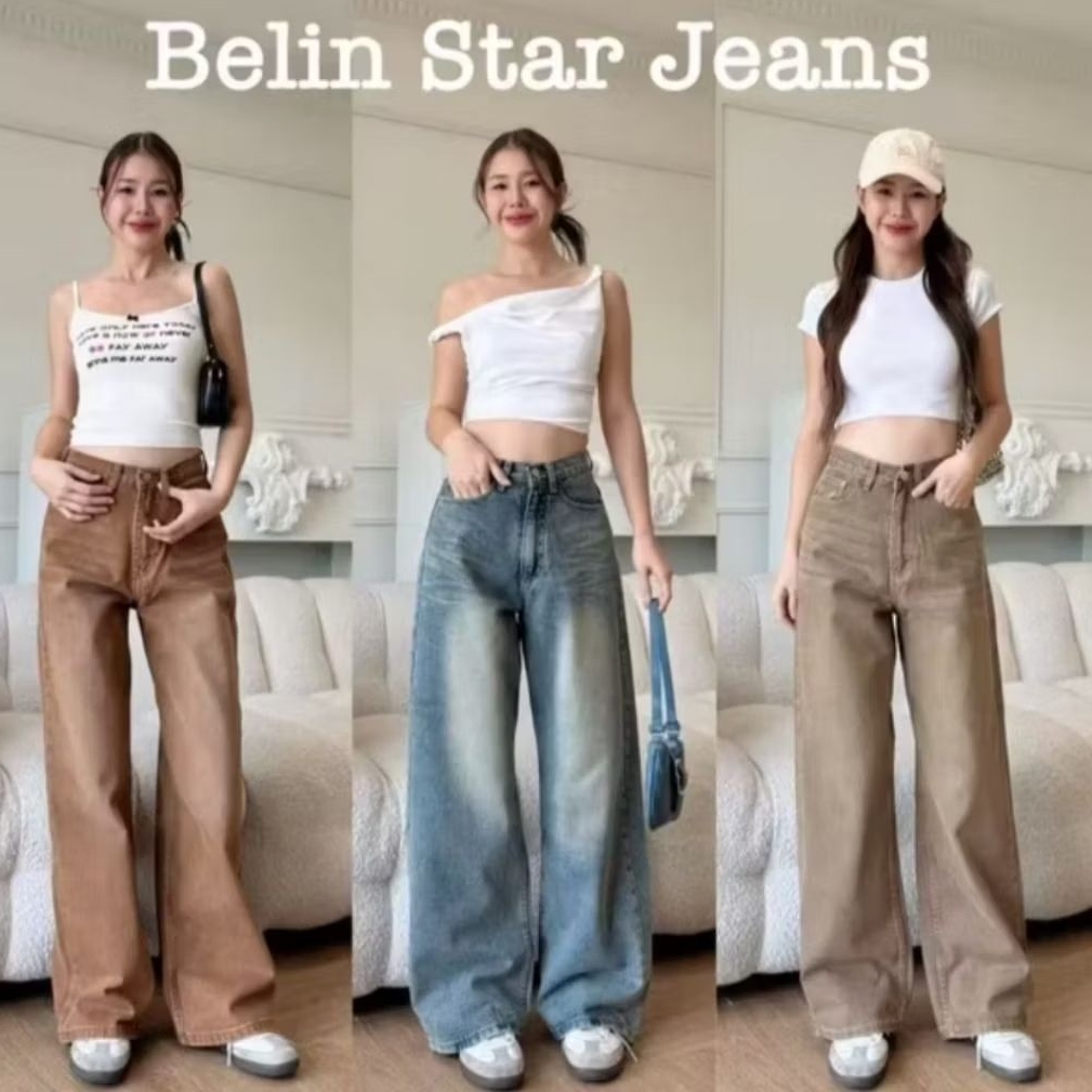 Jinjeans กางเกงยีนส์ขากระบอก Belin Star สีน้ำตาลชานม Size S