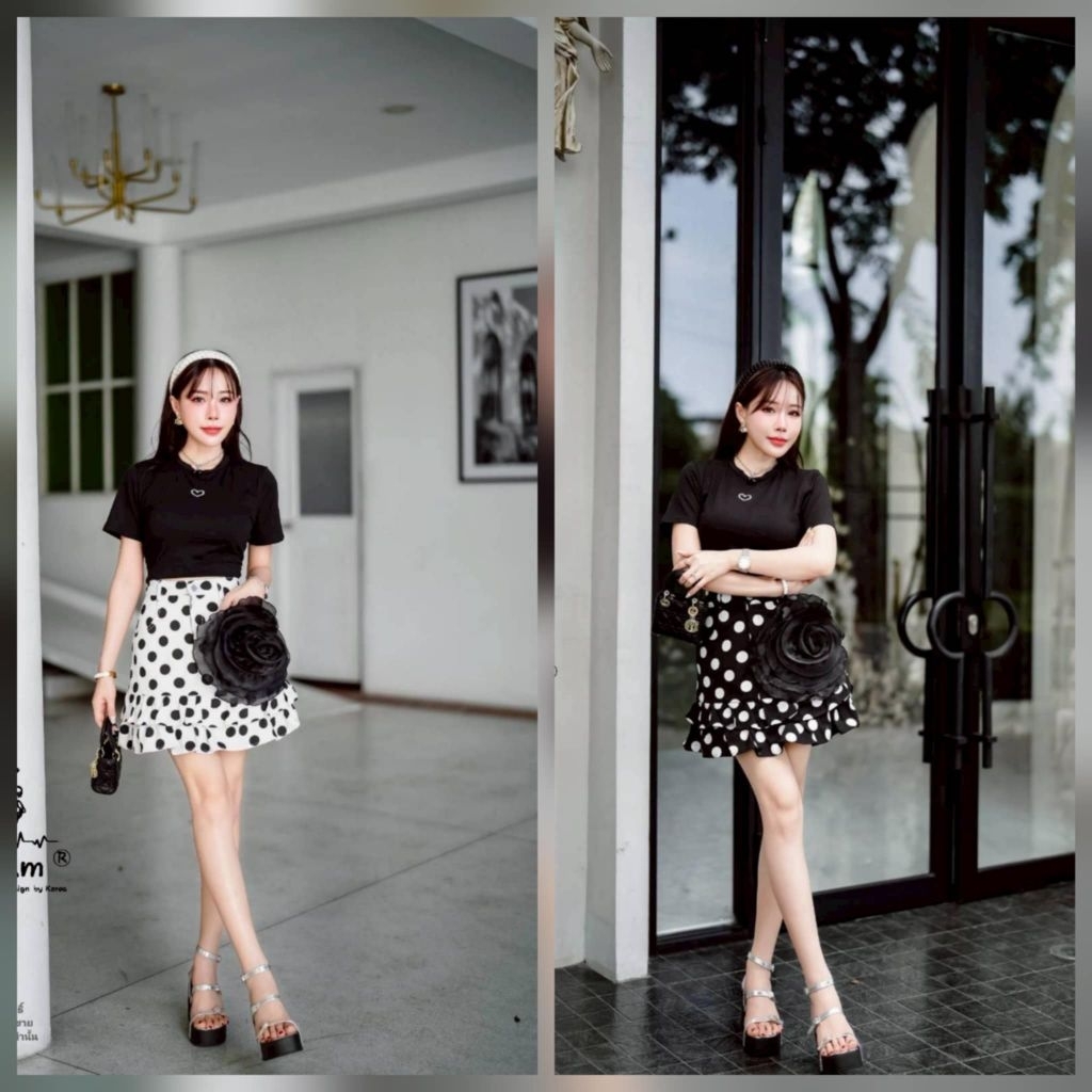 BNSS055💖ขาวมี S-M,2XL ดำมี S-XL (ปกติ) เซตเสื้อกระโปรงยีนส์ซับในกางเกง กุหลาบเย็บชิ้นหนาๆ