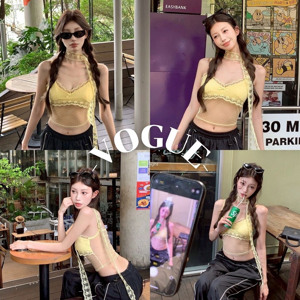 Vogue🌟พร้อมส่ง🌟 เสื้อกล้ามซีทรู สีเหลือง ลายลูกไม้ สาวสไตล์เกาหลี (FY2902)