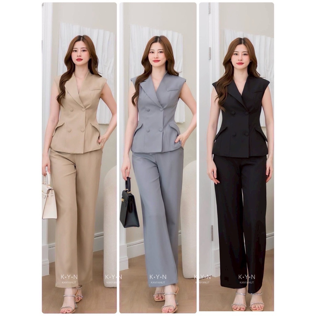 K•Y•N ชุดset เสื้อเบรเซอร์ +กางเกงขาตรง งานป้าย KYN2575