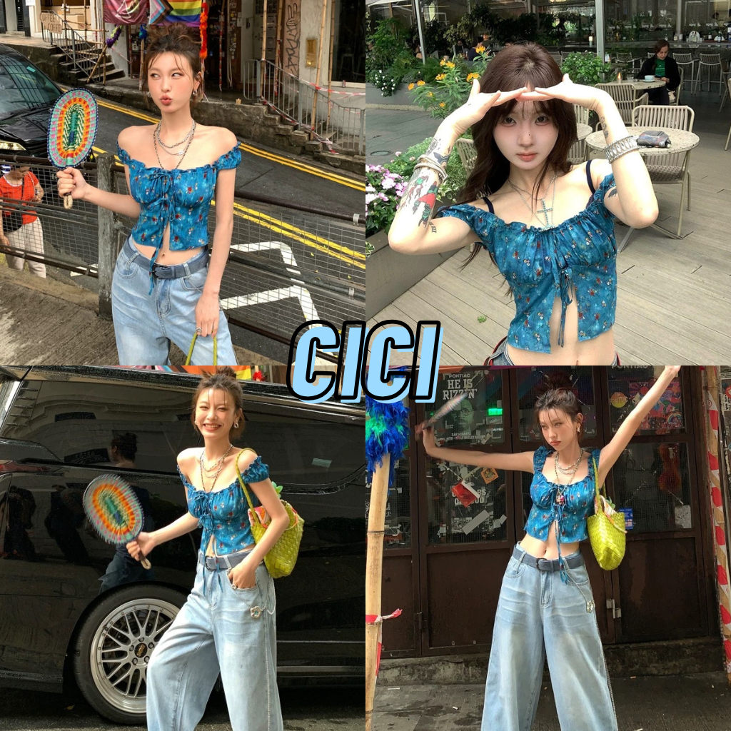 ส่งทันที Cici(J2192) เสื้อสายเดี่ยว สีน้ำเงินสม็อคหลังดีเทลผูกโบว์ด้านหน้า สไตล์สาวแซ่บ
