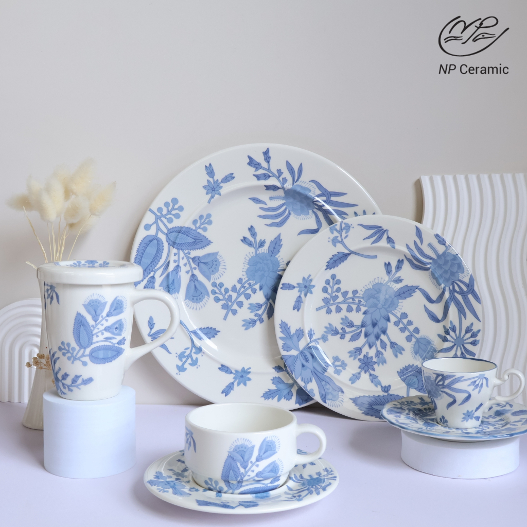 [ลดสูงสุด 80%] NP Ceramic จานเซรามิค ลายดอกไม้สีน้ำเงิน พรีเมี่ยม สวยหรู ใช้จัดโต๊ะอาหาร