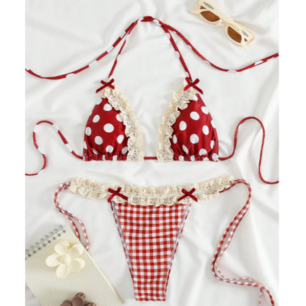 👗พร้อมส่งจากไทย (กรุงเทพ)👙ชุดบิกินี่เซ็กซี่ ชุดว่ายน้ำ  ผูกหลังผูกคอระบายลูกไม้ เซ็กซี่แอบน่ารัก