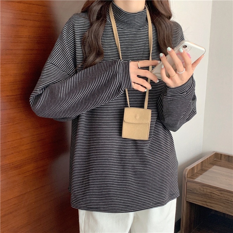 เสื้อยืดผู้หญิง แขนยาว คอเต่า ลายทาง ทรงหลวม ผ้ายืด ผ้านิ่ม ใส่สบาย