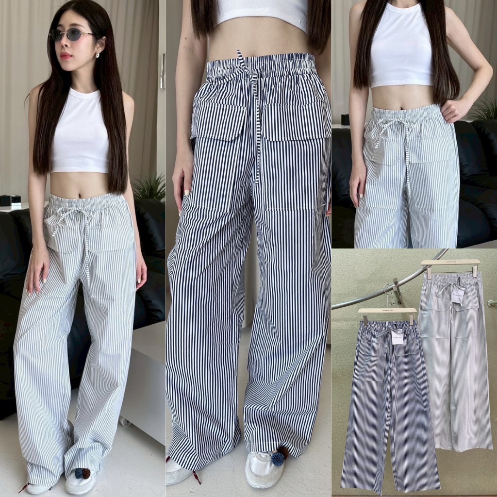 🍊 VL "Stripes pant" กางเกงขายาวเอวสม็อค กระเป๋าหน้า รุ่นนี้ผ้าดี ไม่ร้อนใส่สบายสุดๆ