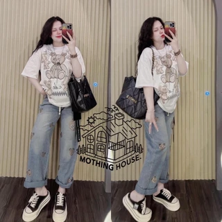 No.Set5590 ชุดเซ็ท2ชิ้น เสื้อแขนสั้น+กางเกงขายาว*ผ้ายีนส์เทียม* สกรีนลายหมีหลายตัว ชุดเซ็ท เสื้อผ้าแฟชั่น