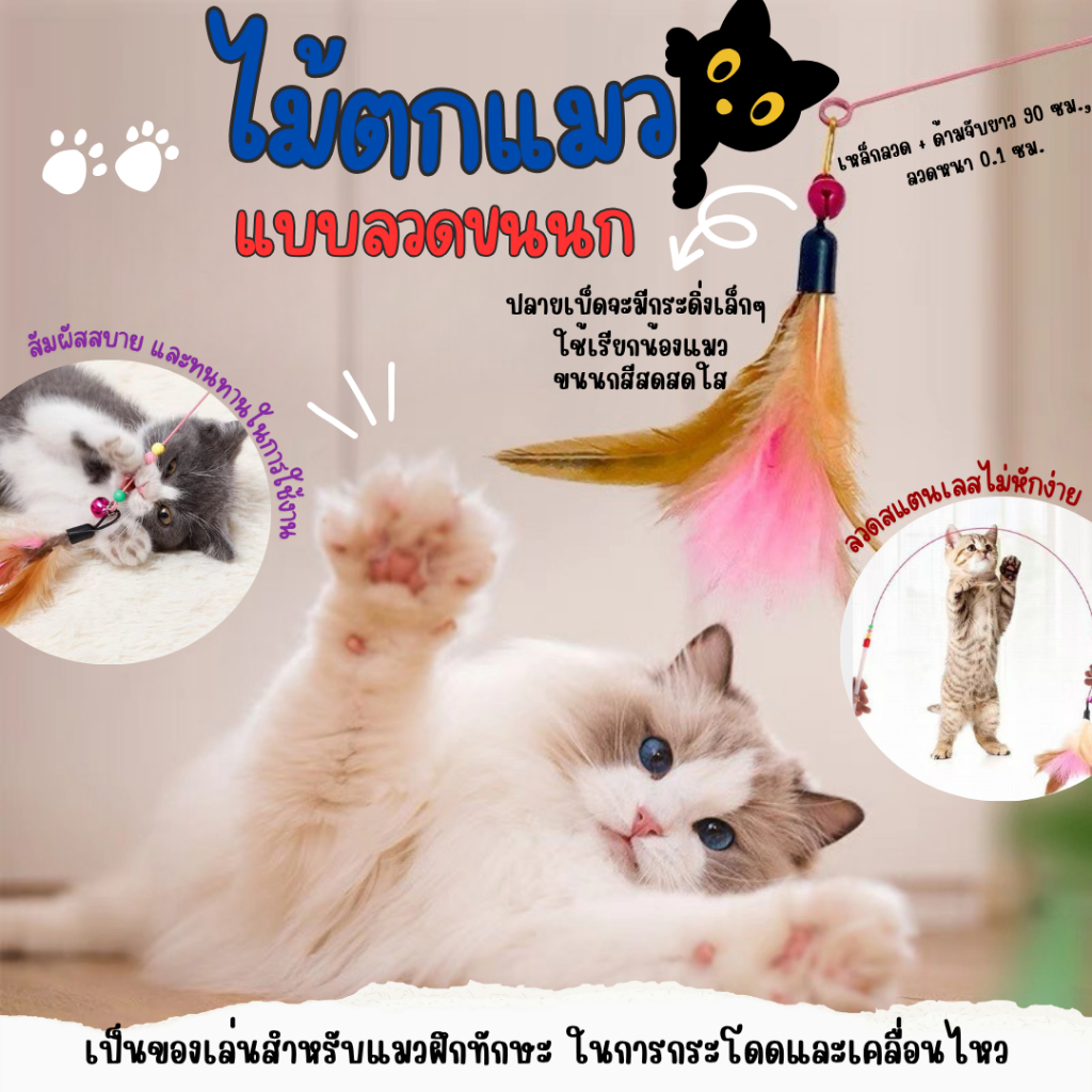 ลวดแหย่แมว ไม้กายสิทธิ์ ลวดยืดหยุ่นสีสันสดใสพร้อมขนนกและกระดิ่งของเล่นออกกําลังกายลูกแมวแบบโต้ตอบ