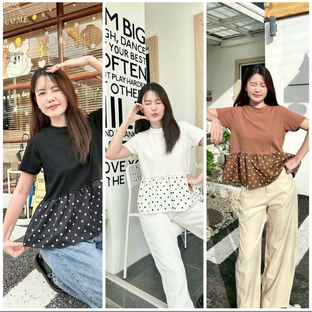 Merlin เสื้อคอกลม ลายจุด ผ้านิ่มยืดใส่สบายตรงชายแต่งด้วย น้องลายจุดน่ารักแมทกันสุดๆ