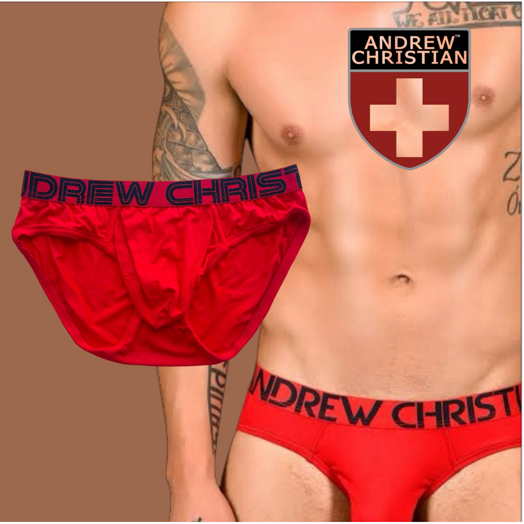 กางเกงในชาย Andrew Christian brief สีแดง ปักดำ ผ้าไนลอน size M,XL