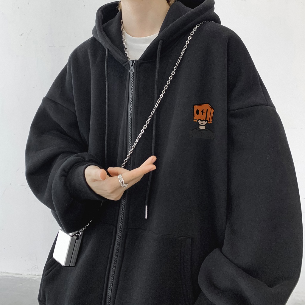เสื้อสเวตเตอร์มีฮู้ดสำหรับผู้ชาย เสื้อแจ็คเก็ตบางพิมพ์ลายลำลองซิป เสื้อคลุมหลวมๆ