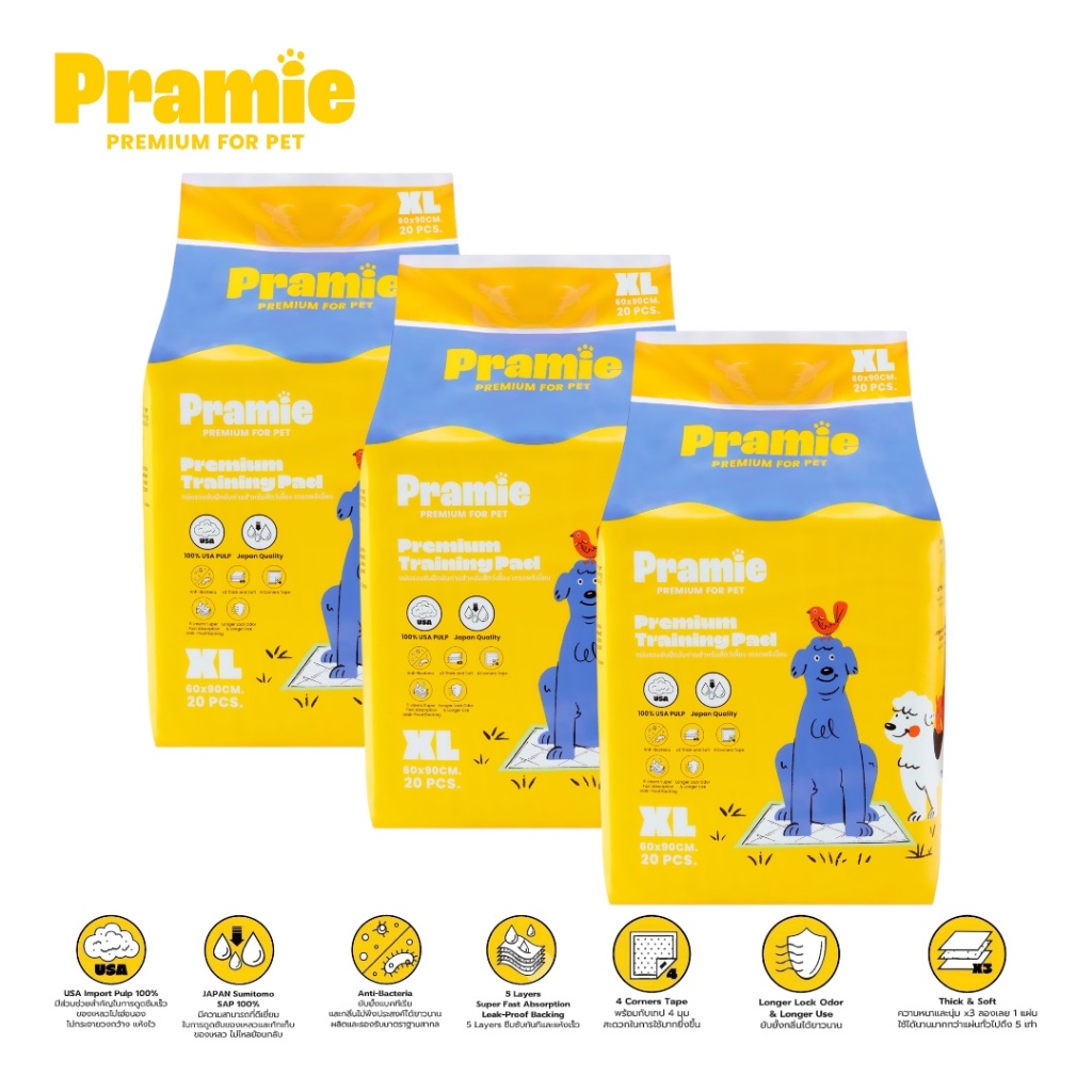 [แพ็ค3] Pramie Premium Training Pad: Size XL 60x90 cm แผ่นรองซับฝึกขับถ่ายสำหร้บสัตว์เลี้ยง