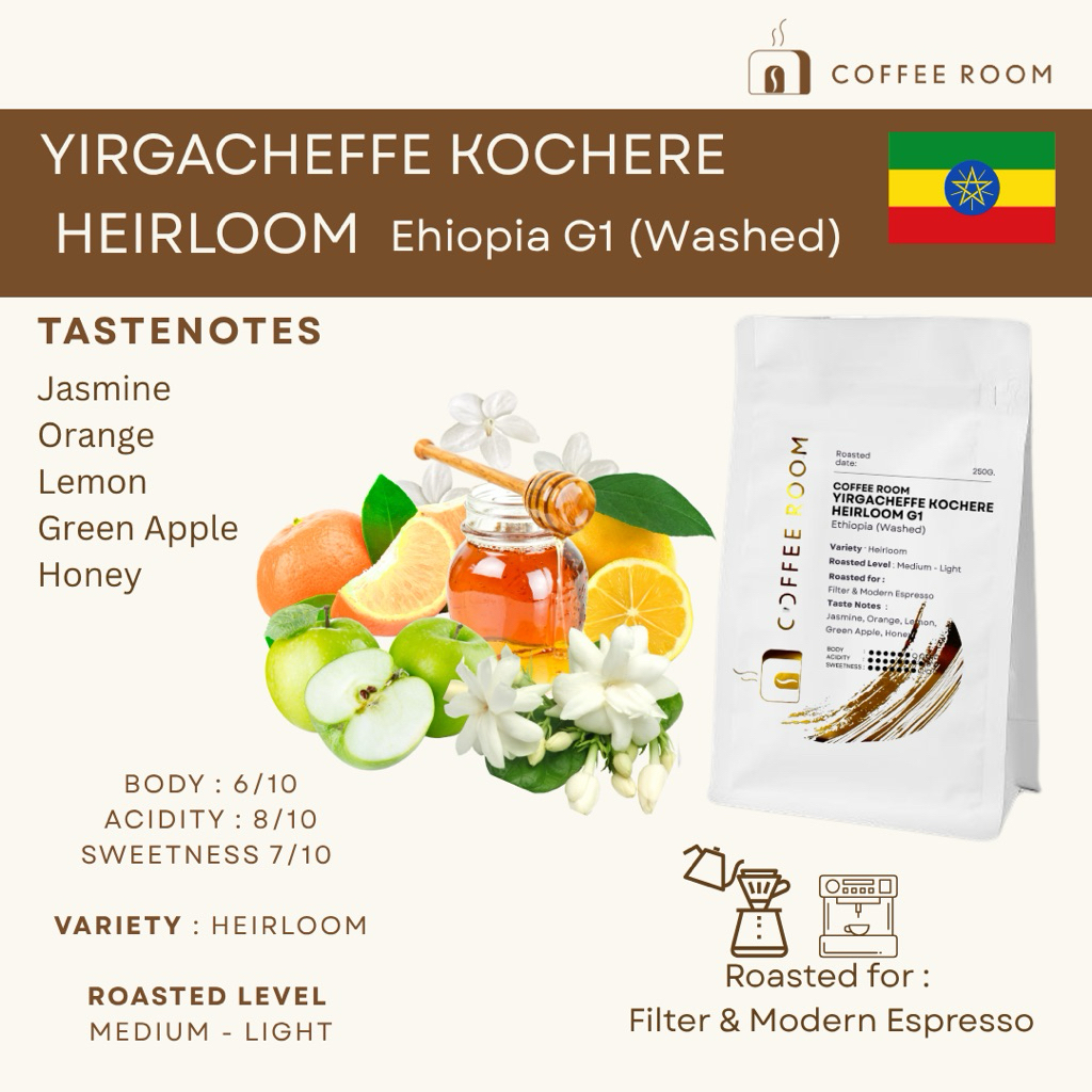 Coffee Room | YIRGACHEFFE , Ethiopia G1 (Washed) กาแฟครั่วอ่อนสำหรับดริป กลิ่นฟลอรัลสดใส บอดีที่ใสสะอาด
