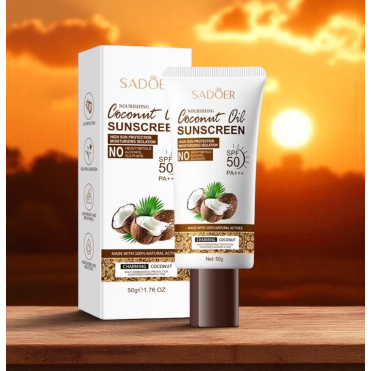 SADOER Coconut Oil Sunscreen SPF 50+ PA++ ( 50g. ) ครีมกันแดดมะพร้าว สารสกัดจากน้ำมันมะพร้าว